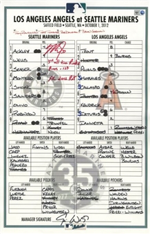 Mike Trout Signed Los Angeles Angels vs Seattle Mariners Game Used Lineup Card Inscribed "3rd All-Time Rookie Runs 129, AL 2012 ROY" (MLB Authenticated)